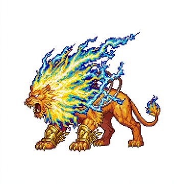 Pixel art thunder lion creature. Retro 16-bit fantasy beast sprite with electric mane.