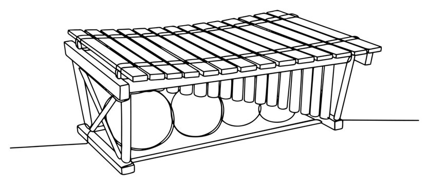Marimba percussion musical instrument with resonator tubes in a minimalist continuous line art style