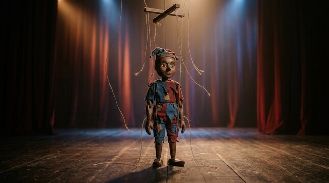 A lonely puppet stands on a stage under spotlights.
