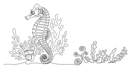 Naklejka premium Seahorse swimming with seaweed and coral in minimalist continuous line art style