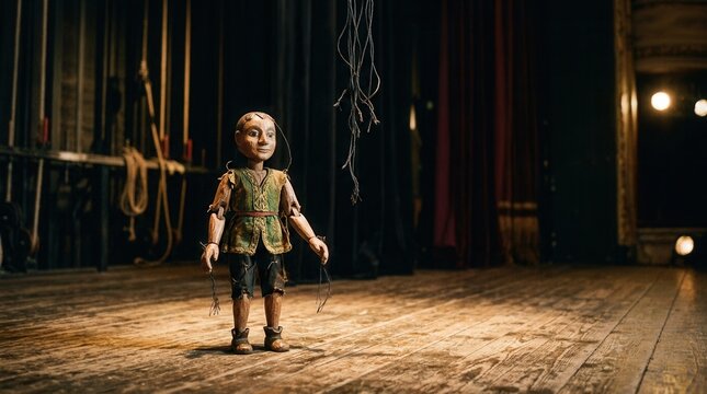 A lonely puppet stands center stage in a dimly lit theater.
