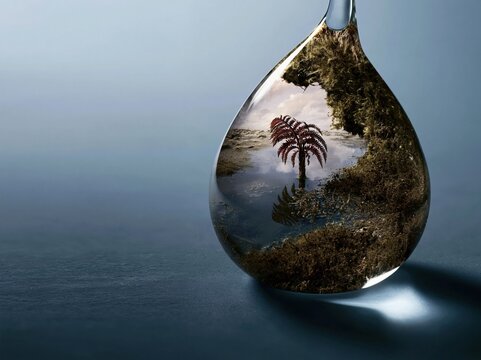 A single clear water droplet containing a miniature wetland world with a tiny fern and moss, resting on a glossy blue surface with copy space for environmental design