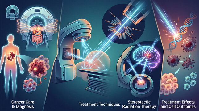 Modern cancer care facility featuring linear accelerator equipment, imaging scans, and advanced treatment planning.