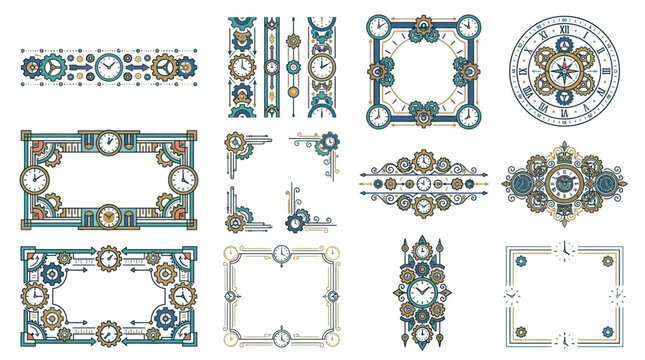 Ornate steampunk clock borders with mechanical gears.