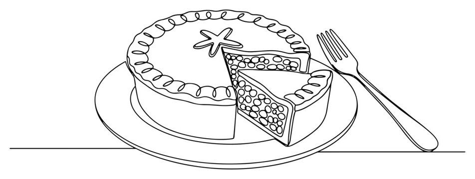 Baked pie on plate with slice and fork in minimalist continuous line art style