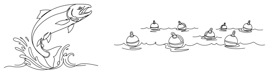 Salmon fish jumping from water near fishing buoys in continuous line art style © Alicja