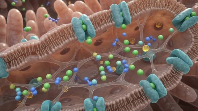 Microscopic 3D View of Small Intestine Villi Absorbing Nutrients into Capillaries