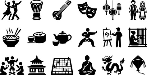 Naklejka premium Global cultural heritage icons featuring dance music and ancient architectural monuments set 