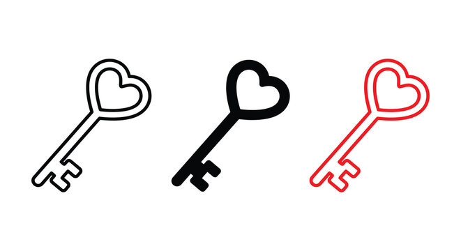 Heart shaped Key Line Icons In Black And Red Isolated On White Background