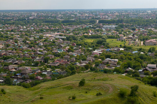 View of the Staraya Stanitsa and the Armavir city  from Strizhibkina Mountain (Forshtadt fortress) on a July day. Krasnodar krai, Russia