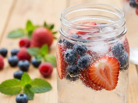 Fresh yogurt with strawberries and blueberries in a glass jar on a rustic wooden table for breakfast. summer refresher recipe