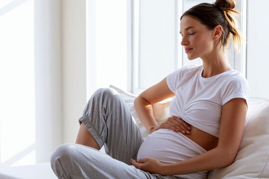 Pregnant woman relaxing on couch at home with hands on belly
