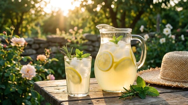Refreshing cold lemonade in a glass pitcher and glass with ice and lemon slices on a wooden garden table. summer refresher recipe