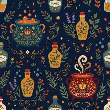Enchanting Apothecary Pattern: A whimsical collection of potion bottles, bubbling cauldrons, and mystical herbs creates a magical and ornate seamless pattern with an enchanted aesthetic.