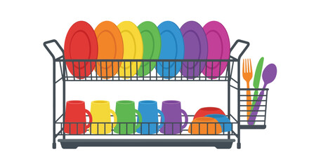 Fototapeta premium Colorful Dishes In A Metal Rack Flat Vector Illustration
