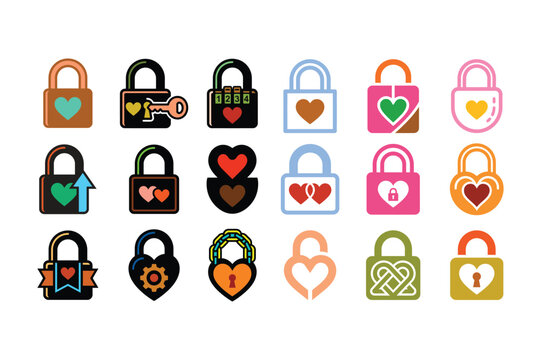 Love Padlock Icons Set &ndash; Romantic Heart Lock Vector Collection in Color Isolated on White Background