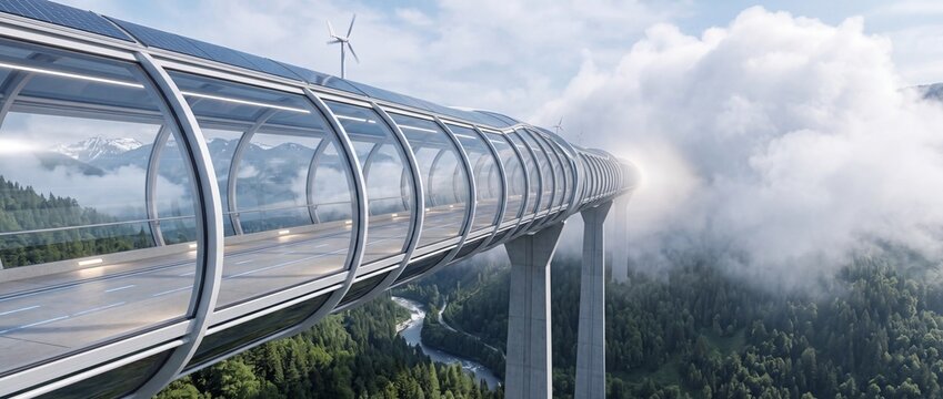 Transparent glass hyperloop tube bridge crossing deep forest valley with wind turbines and solar panels above clouds in mountain range