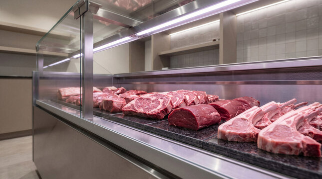 Raw meat display in a well-lit butcher shop showcasing a variety of cuts