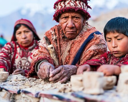 Weathered Quechua elder man in traditional woven poncho leading community Inti Raymi preparations for cultural heritage and travel storytelling