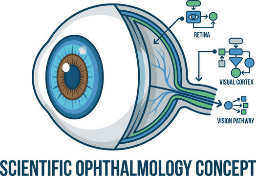 Scientific Ophthalmology Concept Diagram Showing Human Eyeball Anatomy with Retina Visual Cortex and Vision Pathway Flowcharts for Medical Education Vector Illustration