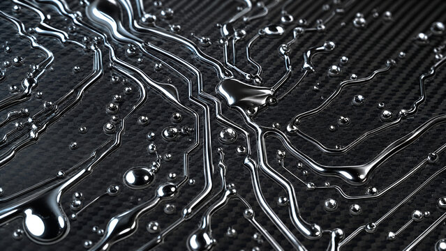 Abstract background featuring water droplets and flowing liquid streams on a dark textured black surface