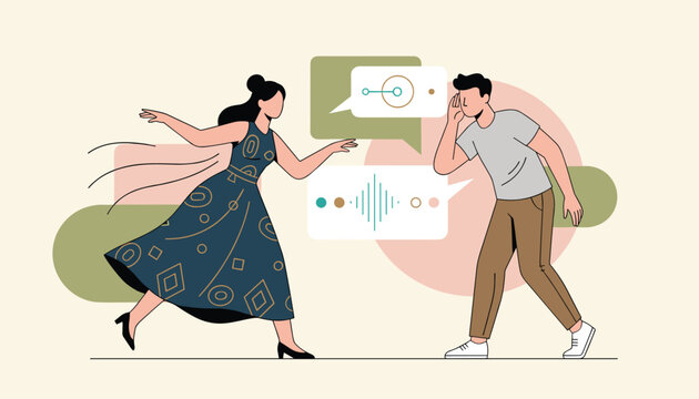 Woman speaking animatedly to a man who is listening closely, with colorful speech bubbles and sound wave graphics.
