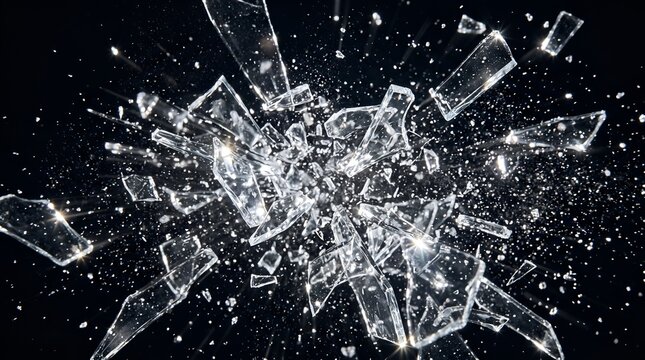 Macro shot of glass shattering into sharp fragments against a deep black studio background