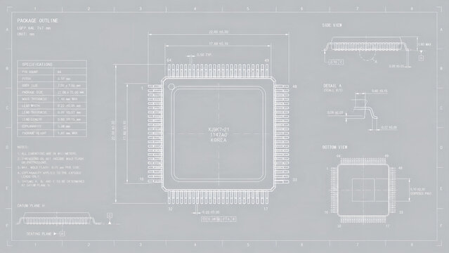 Technical engineering blueprint showing electronic integrated circuit chip dimensions and pin layout design for hardware manufacturing