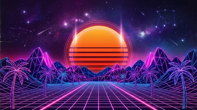 Retro synthwave landscape with glowing neon grid and sunset in a digital synth universe