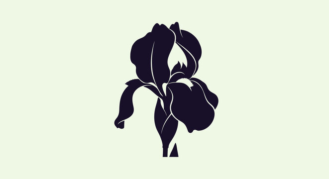 Silhouette of a dark iris flower on a pale background with off white background flower against stylized dark illustration botanical graphic with design