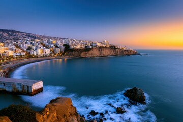 Fototapeta premium Panoramic urban coastline at twilight featuring a curved bay, weathered concrete pier and residential buildings on a plateau for travel and editorial use