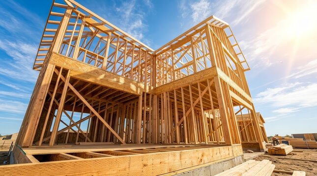 Residential home framing under a bright blue sky during construction.