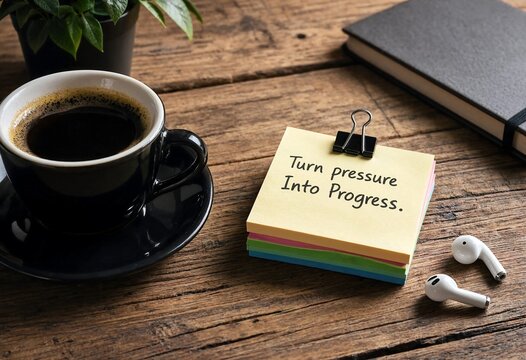 Cup of black coffee next to a stack of colorful sticky notes with motivational quote and earbuds