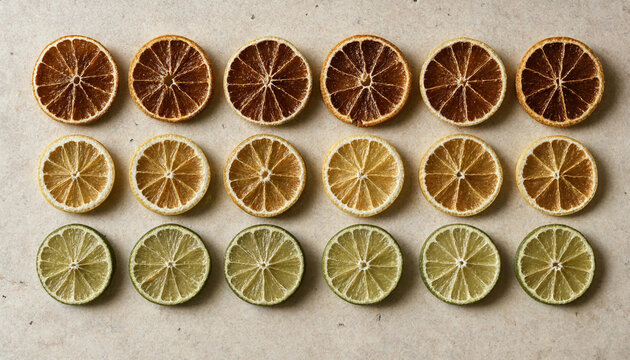 Rows of dried citrus slices including orange and lime arranged on a light textured surface showing natural colors and radial fruit patterns