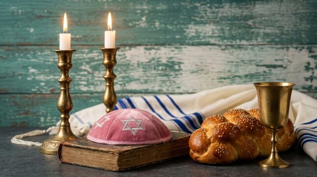 Jewish Havdala ceremony items including challah, kiddush cup, and candles.