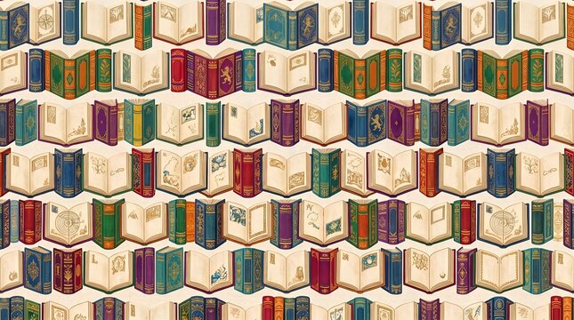 Vintage library bookshelf seamless pattern with open and closed colorful books