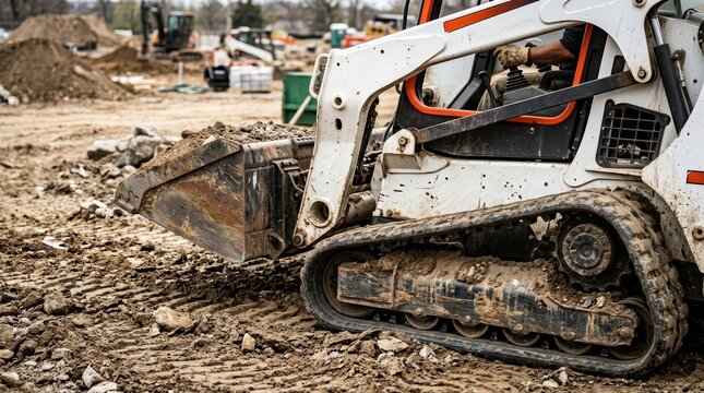 A white skid loader with tracks working at a construction site.