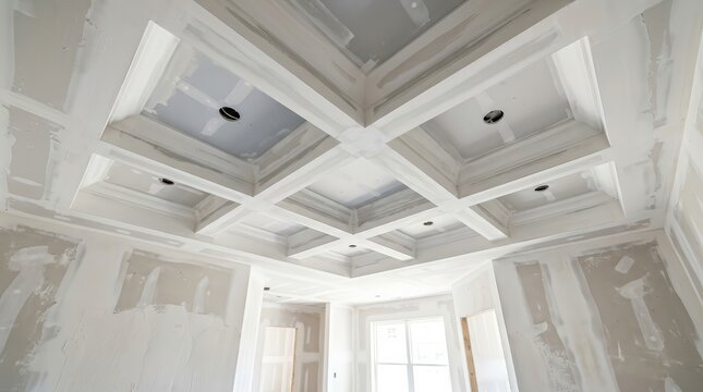 Worker applying finishing putty to the walls and coffered ceiling in a house renovation.