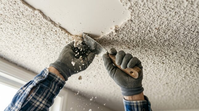 Worker performing popcorn ceiling texture removal on a home wall.