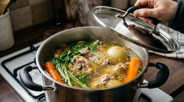Chicken bone broth simmering in a pot with carrots, onions, and parsley.