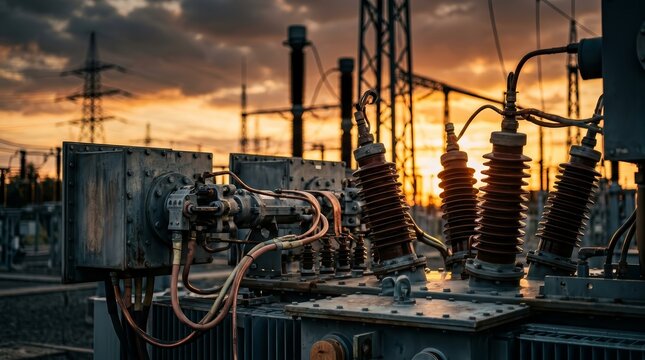 High voltage electric power substation featuring switchgear and transmission transformers.