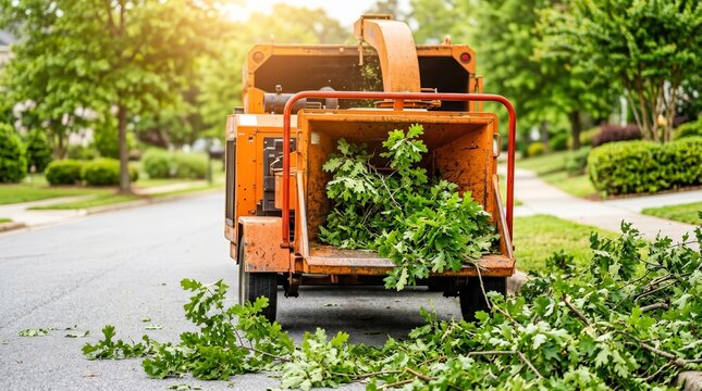 Professional gardeners using a wood chipper to process trimmed tree branches in springtime.