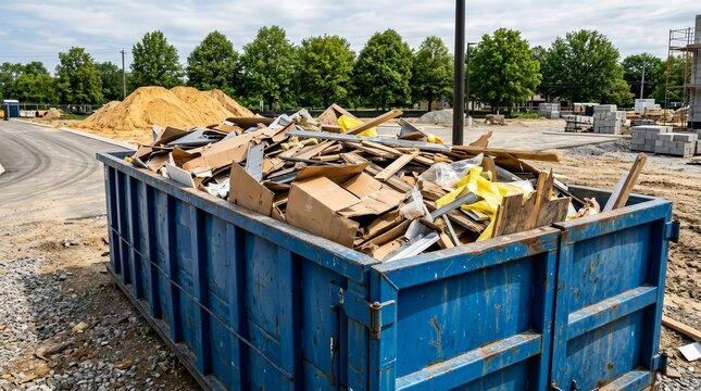 Blue industrial garbage bin filled with construction debris and cardboard waste.