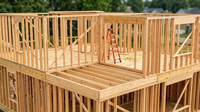 Wooden beam stick built frame of a new house under construction
