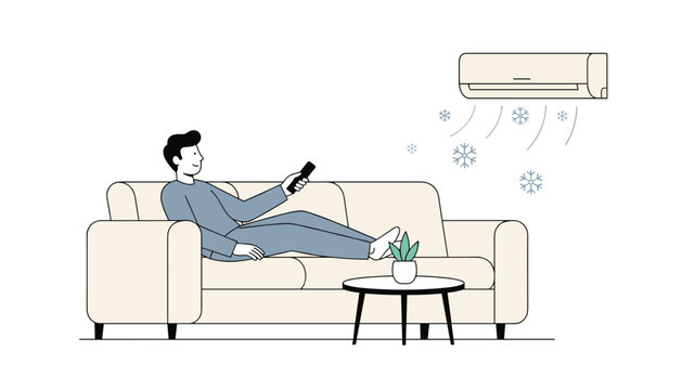 Man relaxing on a living room sofa and using remote control to turn on air conditioner emitting cool snowflake air.