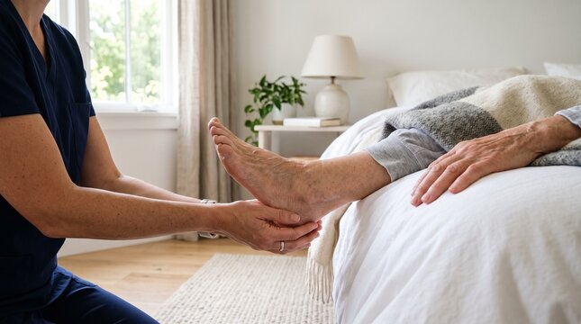 Nurse Examining Senior Patient Foot During Home Care Visit