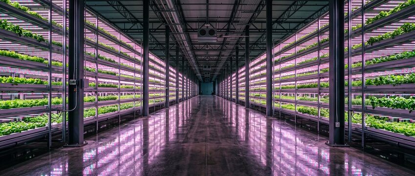 Indoor vertical farm with rows of growing plants under vibrant purple LED lights, modern agricultural technology for sustainable food production