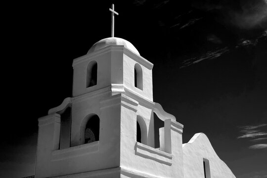 Old Adobe Mission in Scottsdale Arizona White Cross and Blue Sky