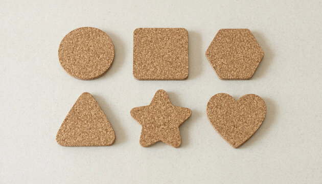 Six cork coasters in various geometric shapes including circle, square, hexagon, triangle, star, and heart on a plain light gray background