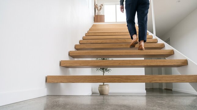 Person walking up modern wooden staircase in bright minimalist home